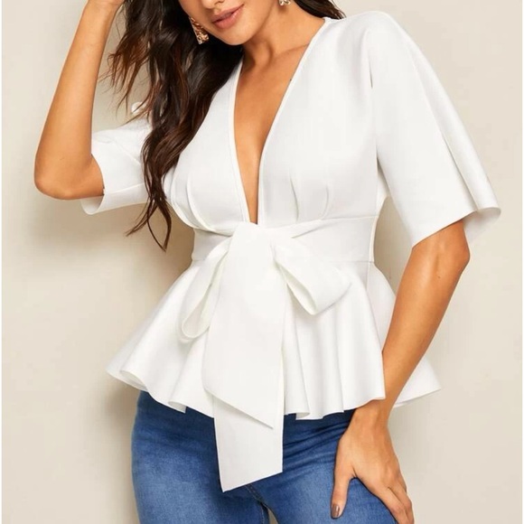 Classic Plunging Neck Tie Waist Peplum Top Blouse Shirt White - Picture 3 of 10